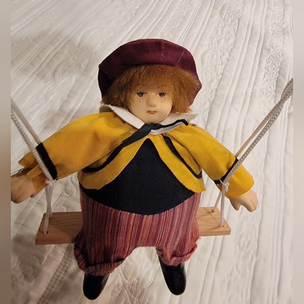 Vintage Hanging Clown Sitting on a Swing Colorful Pants, Gold Vest & Maroon Hat